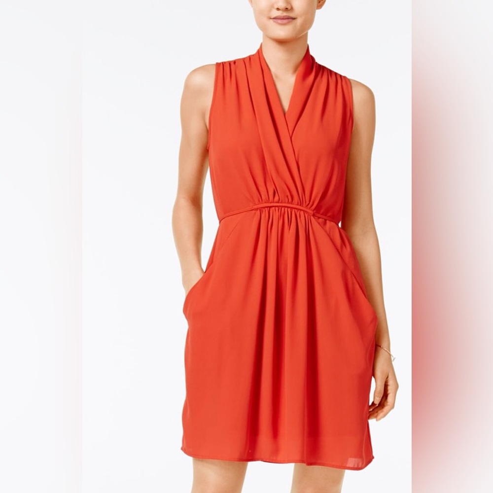 NWT Bar III Ruched Surplice Dress, Tomato Red